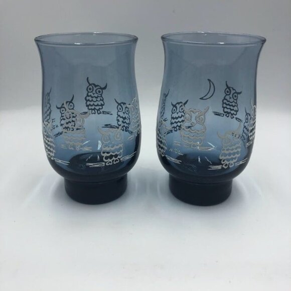 Vintage Set of 2 Blue Owl Drinking Glasses Tumblers Weighted Bottom - Picture 4 of 12